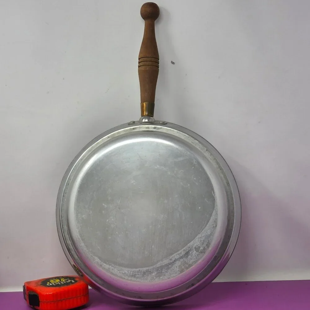 Vintage Aluminum Pan Wooden Handle Sturdy Construction Ideal Kitchen Use Display